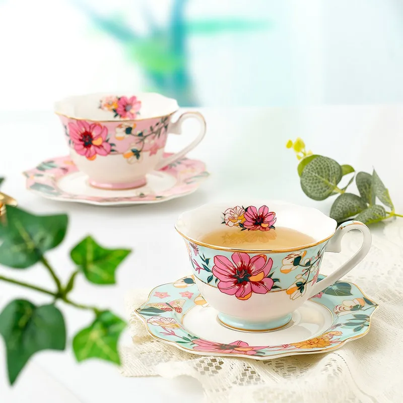 

Factory Wholesale Romantic Fower Tea Cup and Saucer Set Coffee Tea Set Gift Set for Home Decorations Party Wedding Celebrations