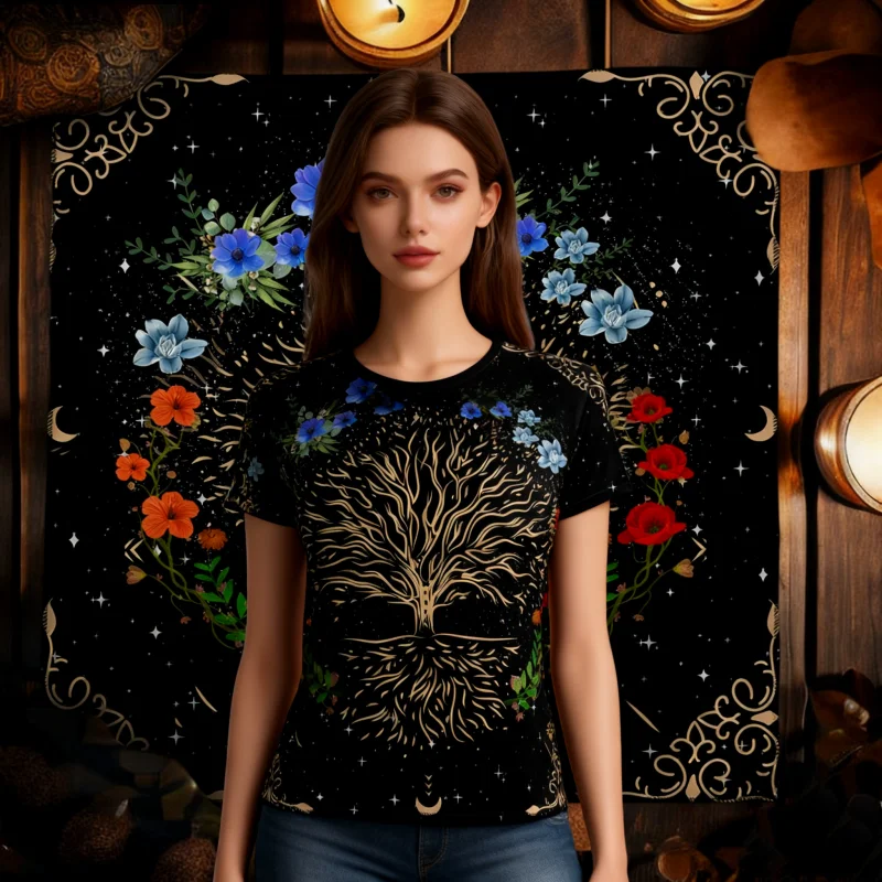 تي شيرت نسائي ساحر بطباعة ثلاثية الأبعاد على شكل قطة سوداء - تصميم التارو والنجوم الغامض، هدية مثالية للمشاعر الغامضة جاهزة للمهرجانات