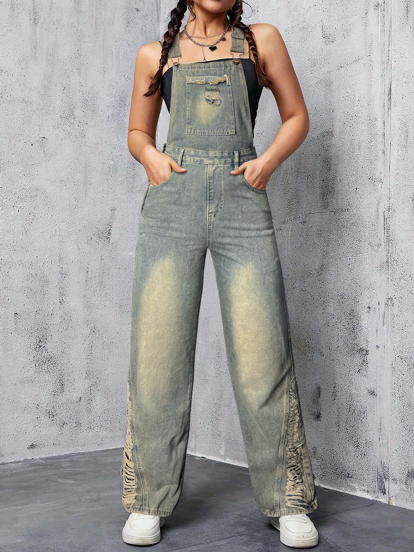 

Y2k Fall Washed Thick Adjustable Strap Ripped Side Slant Pocket Distressed Casual Loose Fit Cargo Denim Overall Jumpsuit