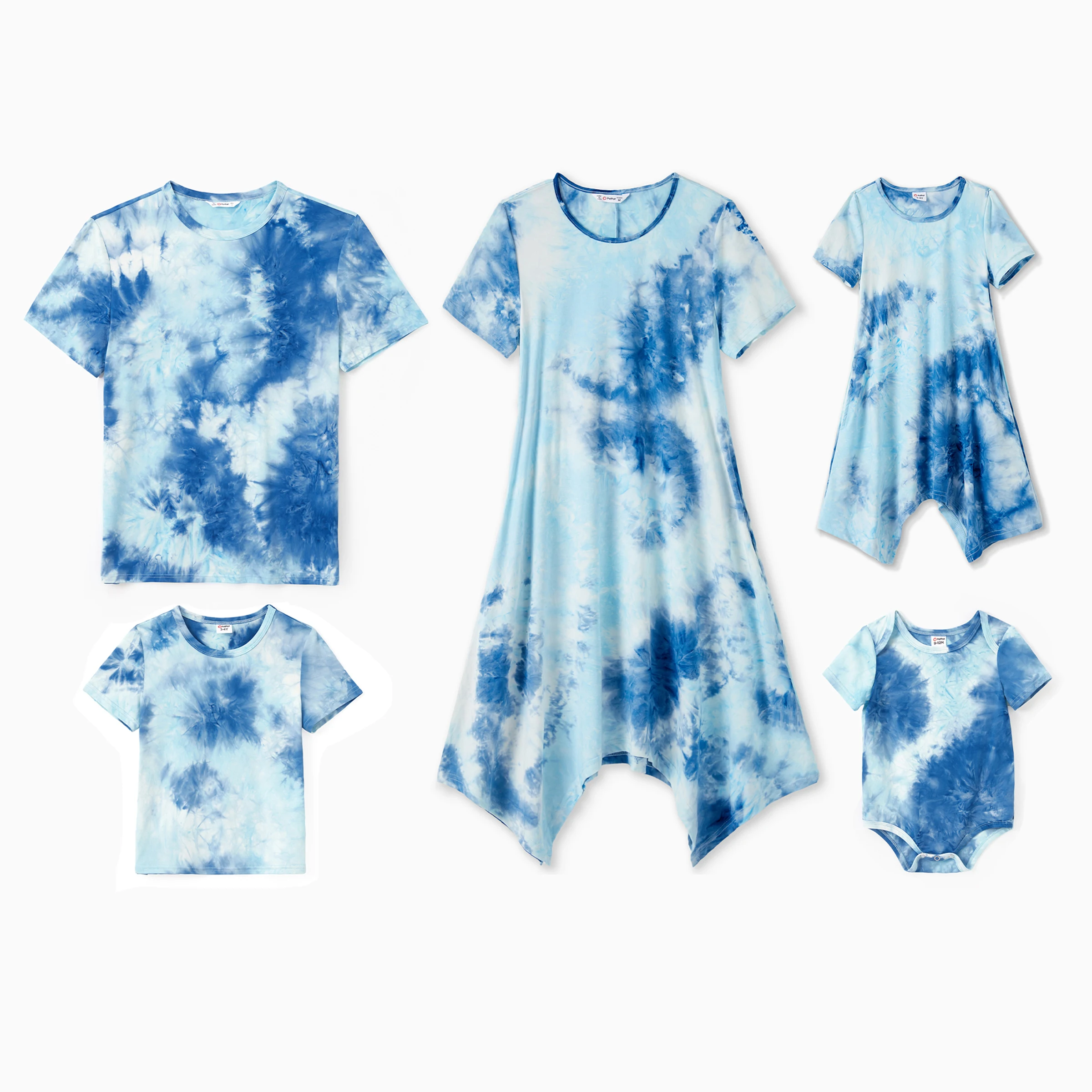 PatPat Family Matching Sets Blue Tie-dyed Round Neck Short Sleeves Tee or Irregular Hem Dress