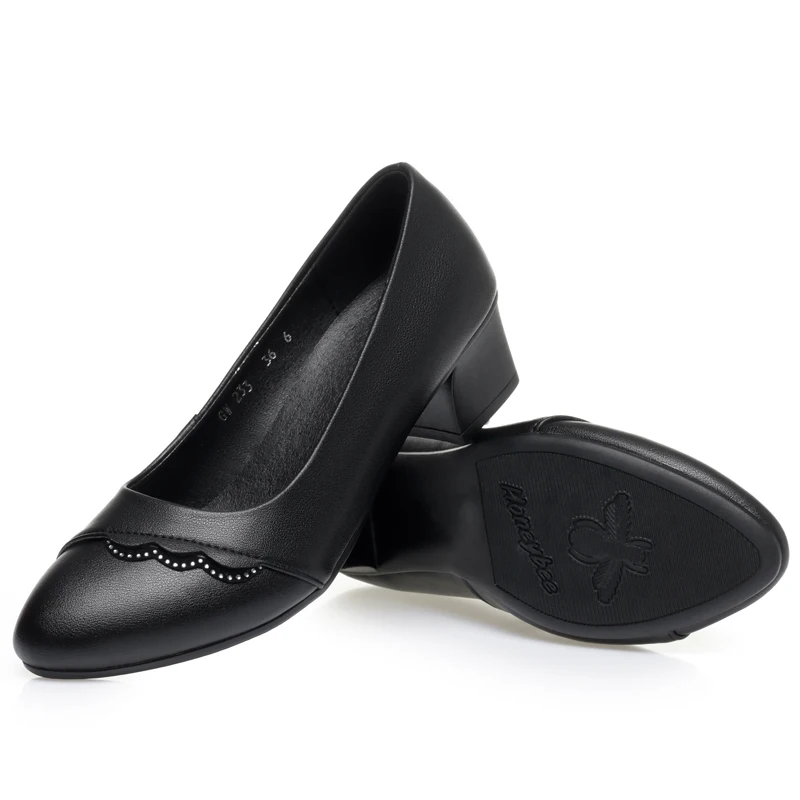 AIYUQI Women's Genuine Leather Pumps Elegant Block Heel Work Shoes Women Rhinestone Office Dress Shoes Women Slip-On Mid Heel