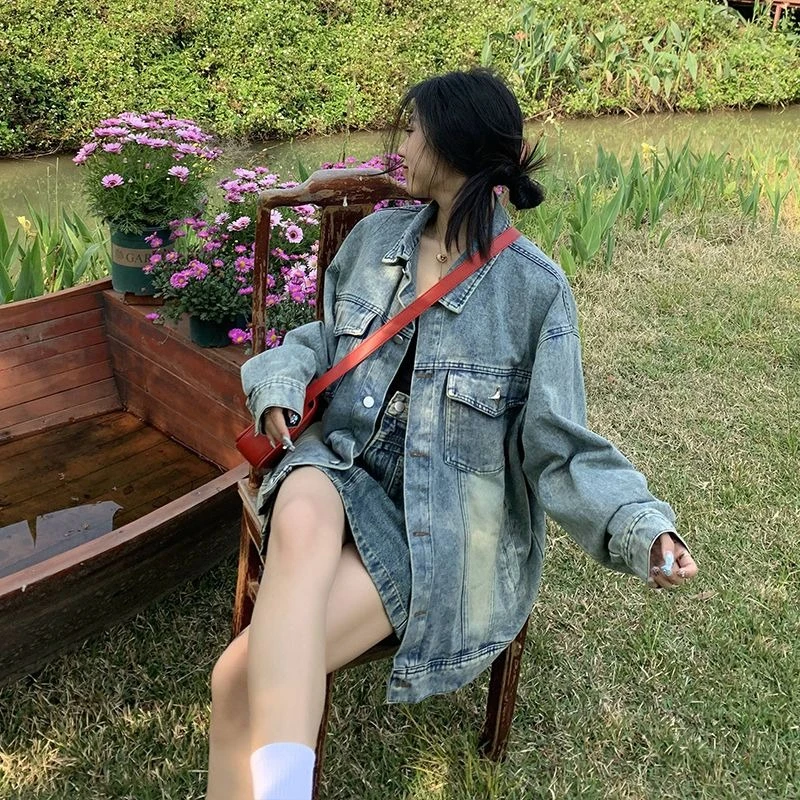 

Women's Vintage Washed Denim 2025 Spring/autumn Loose Fit Ripped Jeans Coat Stylish Streetwear For Casual Outfit