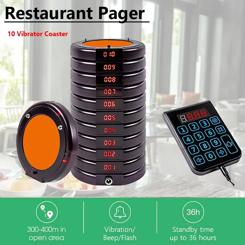 

Restaurant Pagers Wireless Calling System 10 Coasters Beeper Buzzer Bell Receivers Queuing for Food Truck Coffee Church Hotel