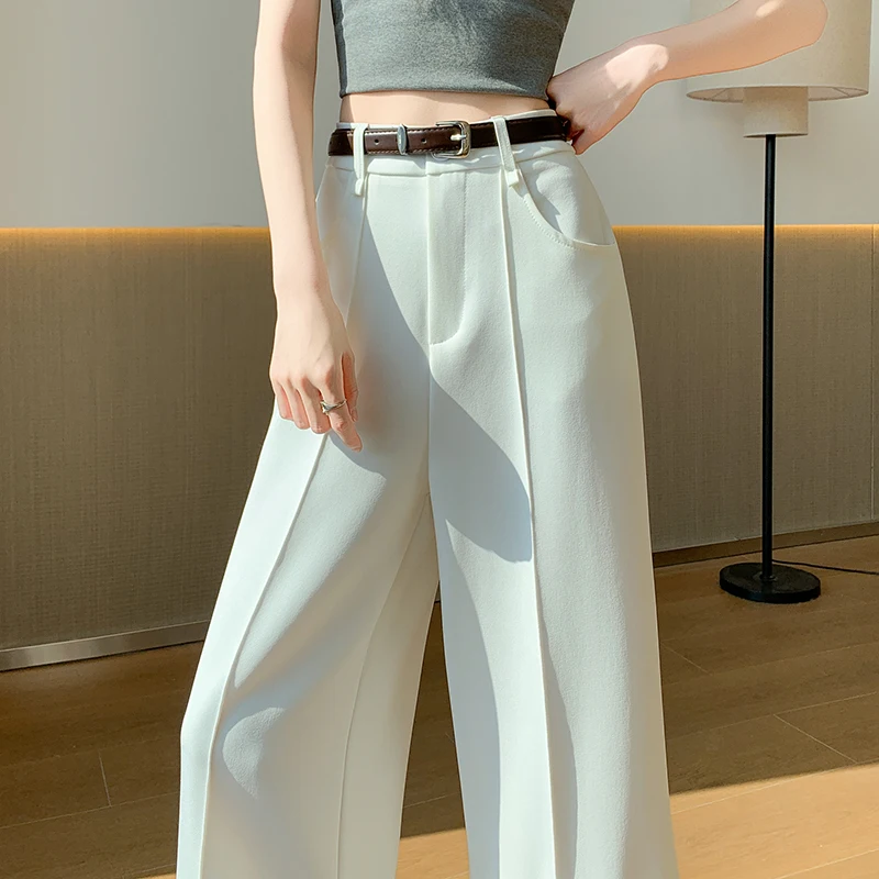 Women High Waist Wide Leg Suit Pants Summer Capris with Pocket 2026 New Casual Office Ladies Professional Pants Trousers