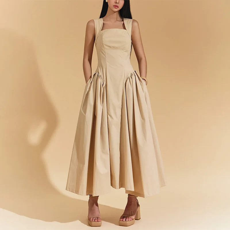

Retro Style Suspender Dress2025Early Summer New Solid Color Sleeveless Fashion Elegant Stitching Ruffled Dress