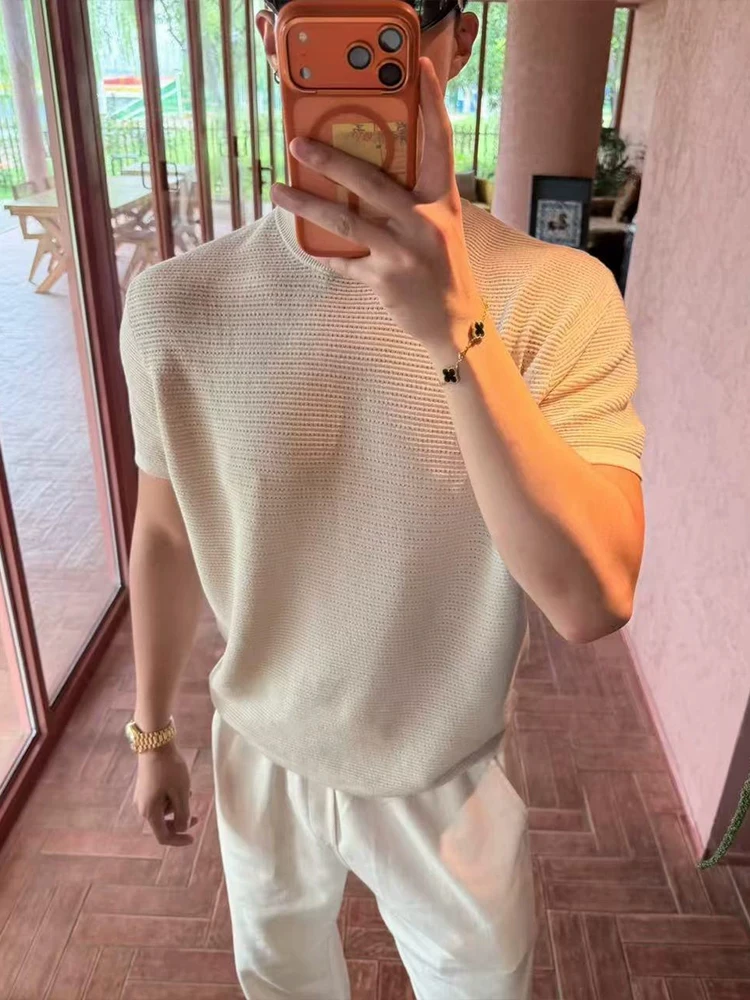Men's Knitted Hollow out Breathable Short Sleeve T-Shirt Shoulder Width Regular Fit American Style Casual round Neck Top