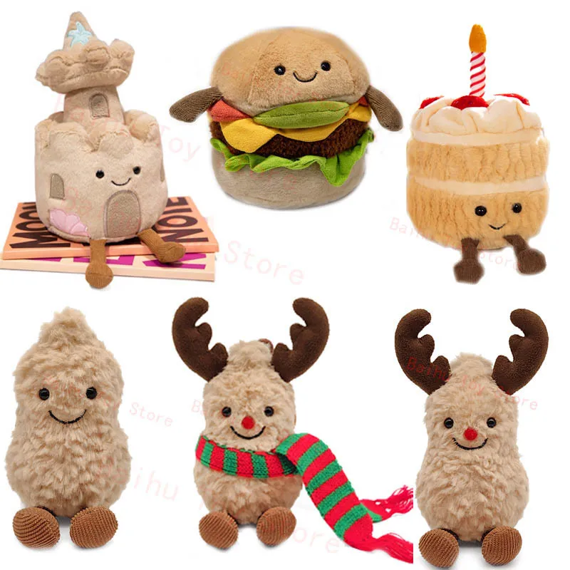 New Small Peanut Plush Cartoon Eggplant Hamburger Plushie Christmas Reindeer Stuffed Living Room Decoration Interactive Toy Gift