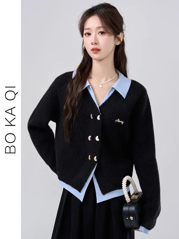 Spring and Autumn Polo Collar Fake Two Piece Knitted Sweater Women\'s Loose Embroidered Short Cardigan Sweater Coat New Sweaters