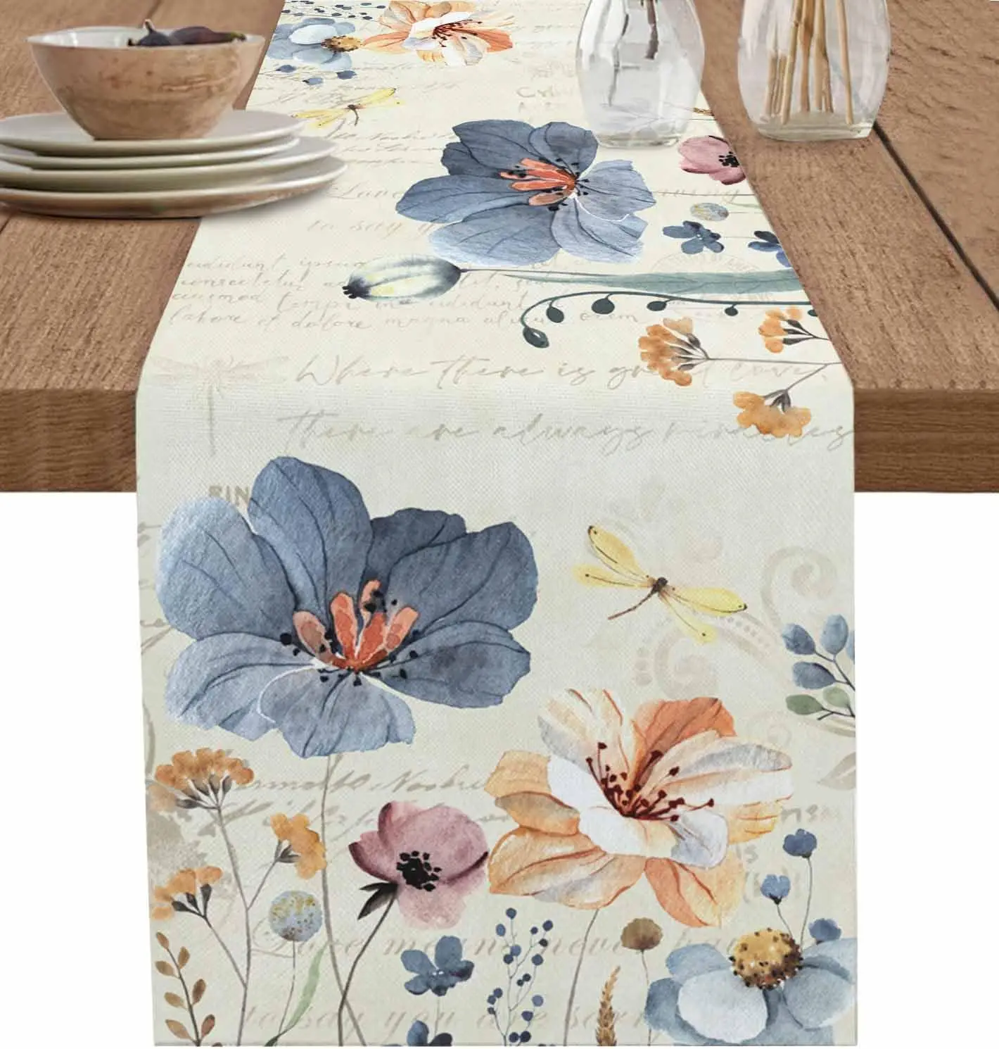 Watercolour Floral Summer Botanical Linen Table Runner Table Decoration Holiday Kitchen Dining Table Runners Wedding Party Decor