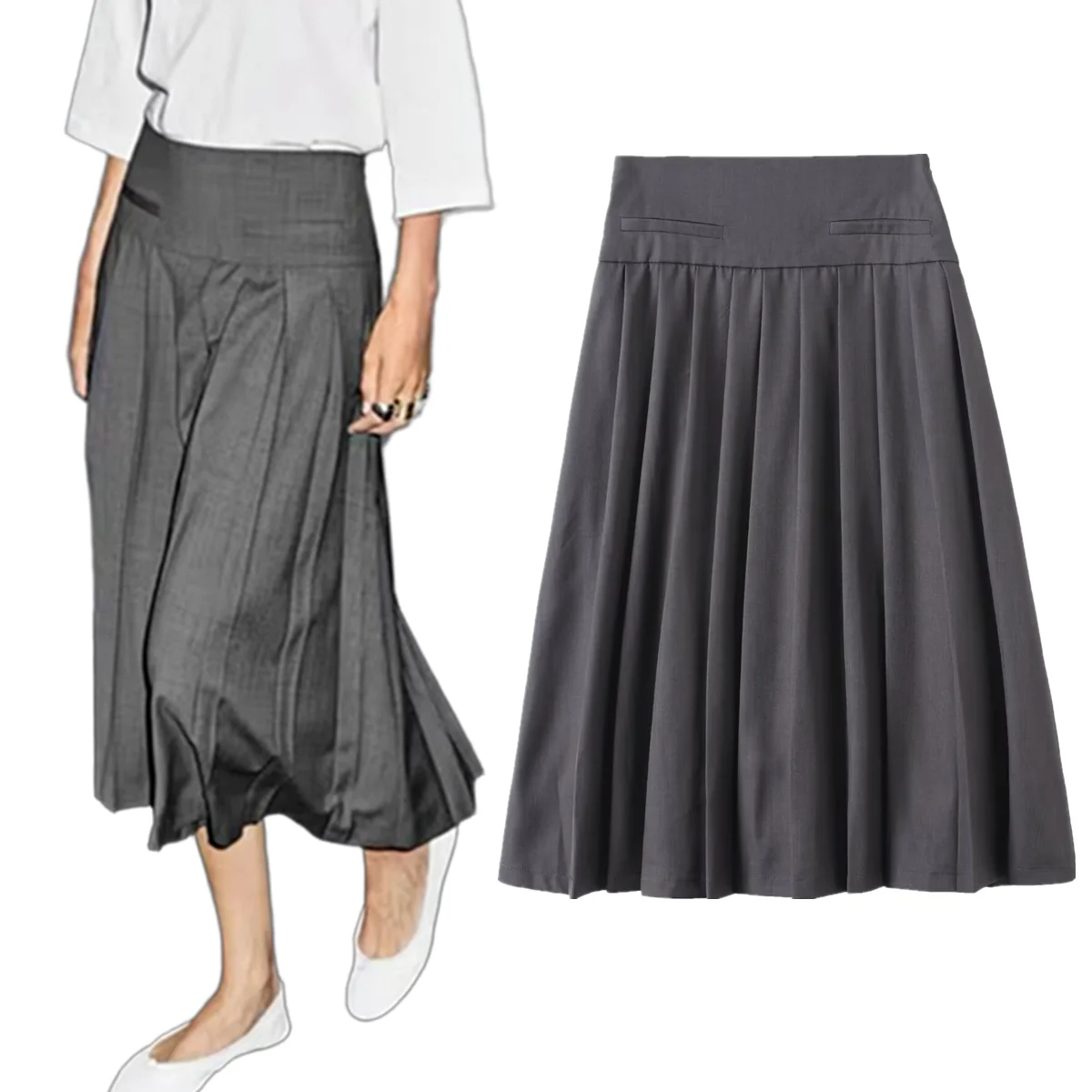 

Maxdutti Nordic Minimalist Grey Pleated Skirt French Elegant Women's Commuting And Casual Skirt Midi Skirt Ladies