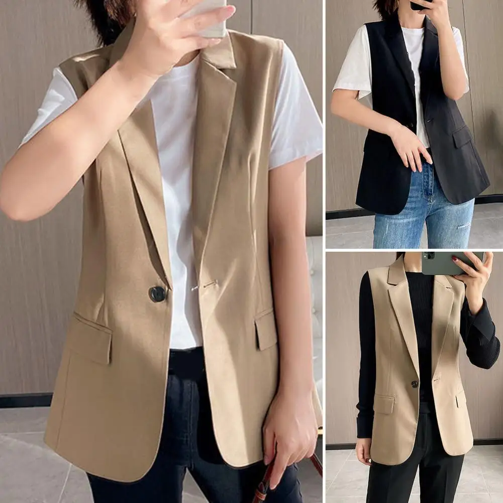 Office Ladies Blazer Skin-touch Women Fashion Slim Fit Solid Office Suit Vest Sleeveless Breathable Blazer Vest Outerwear