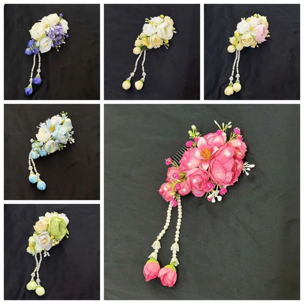 Handmade Sweet Flowers Hairpin with Tassels Thai Style Floral Headwear Tulip Hair Comb Cloth Plastic Chignon Hair Clips Women
