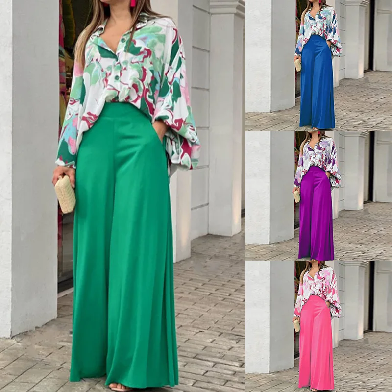 

Two Piece Casual Women's Loose Boho Print Shirt + Commuter Wide Leg Pants Set Women's clothes