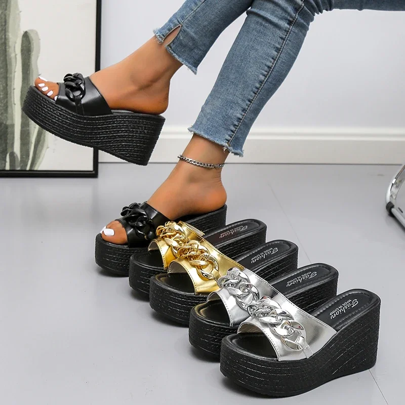 Platform Chain High Heels Slippers Women\'s Wedding Shoes Summer 2023 Casual Gold Silver Slides Ladies Beach Pantuflas De Mujer