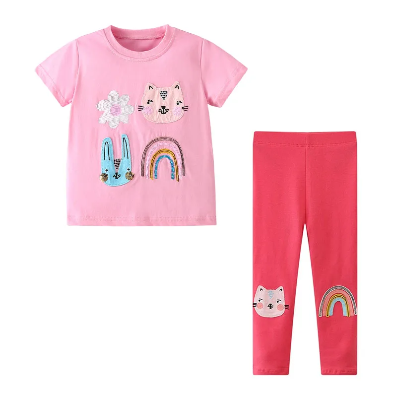 

Jumping Meters 2-7T Girls Tshirts + Leggings 2 Pcs Short Sleeve Children's Clothing Sets For Summer 2 Pcs Suit Kids Outfits Sets