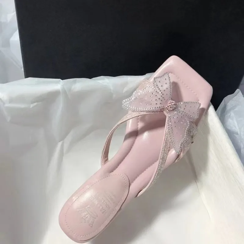 Summer New Women's Slippers Square Toe Grace Narrow Band Solid Casual Sandals Pink Bow High-heeled Slippers