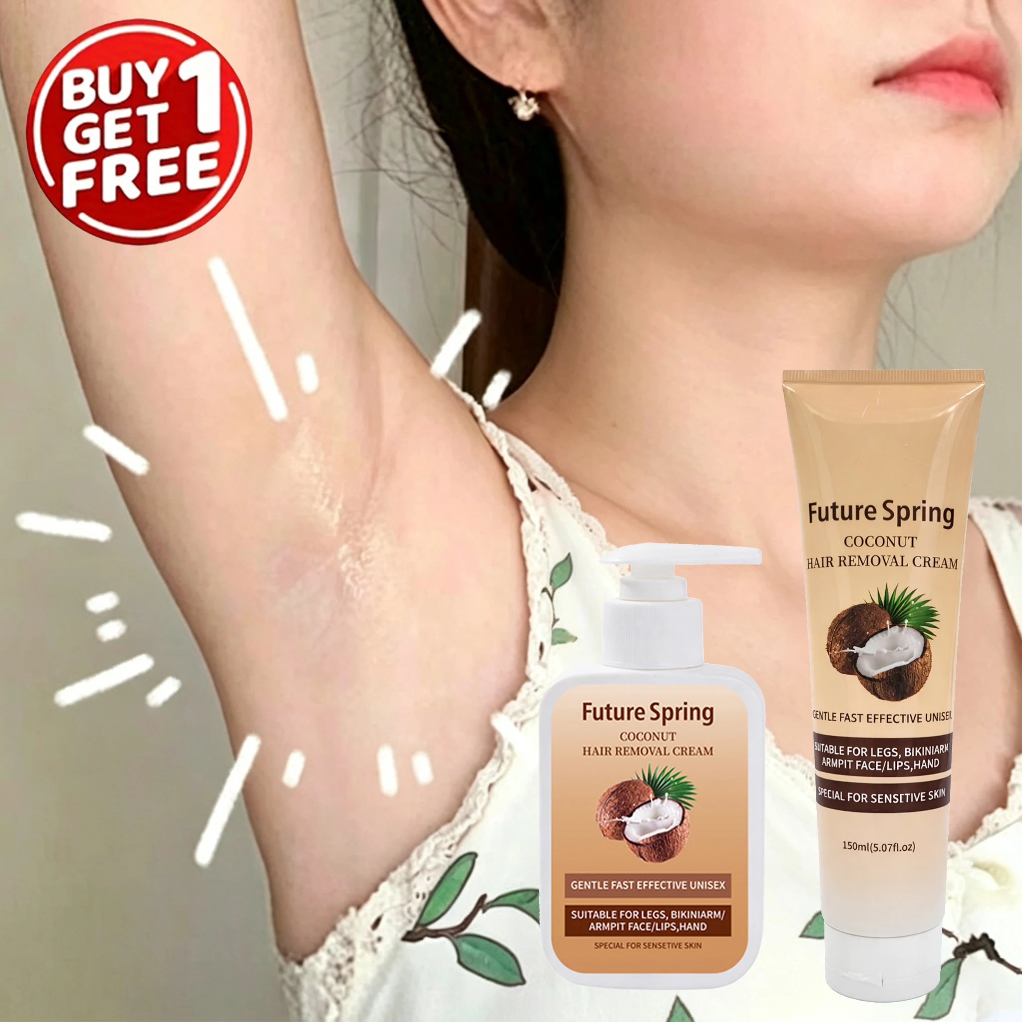 Buy 1 Get 1 Free Coconut Hair Removal Cream Fast Painless Nourishing Growth Inhibitor for Face Armpit Leg Arm Beard