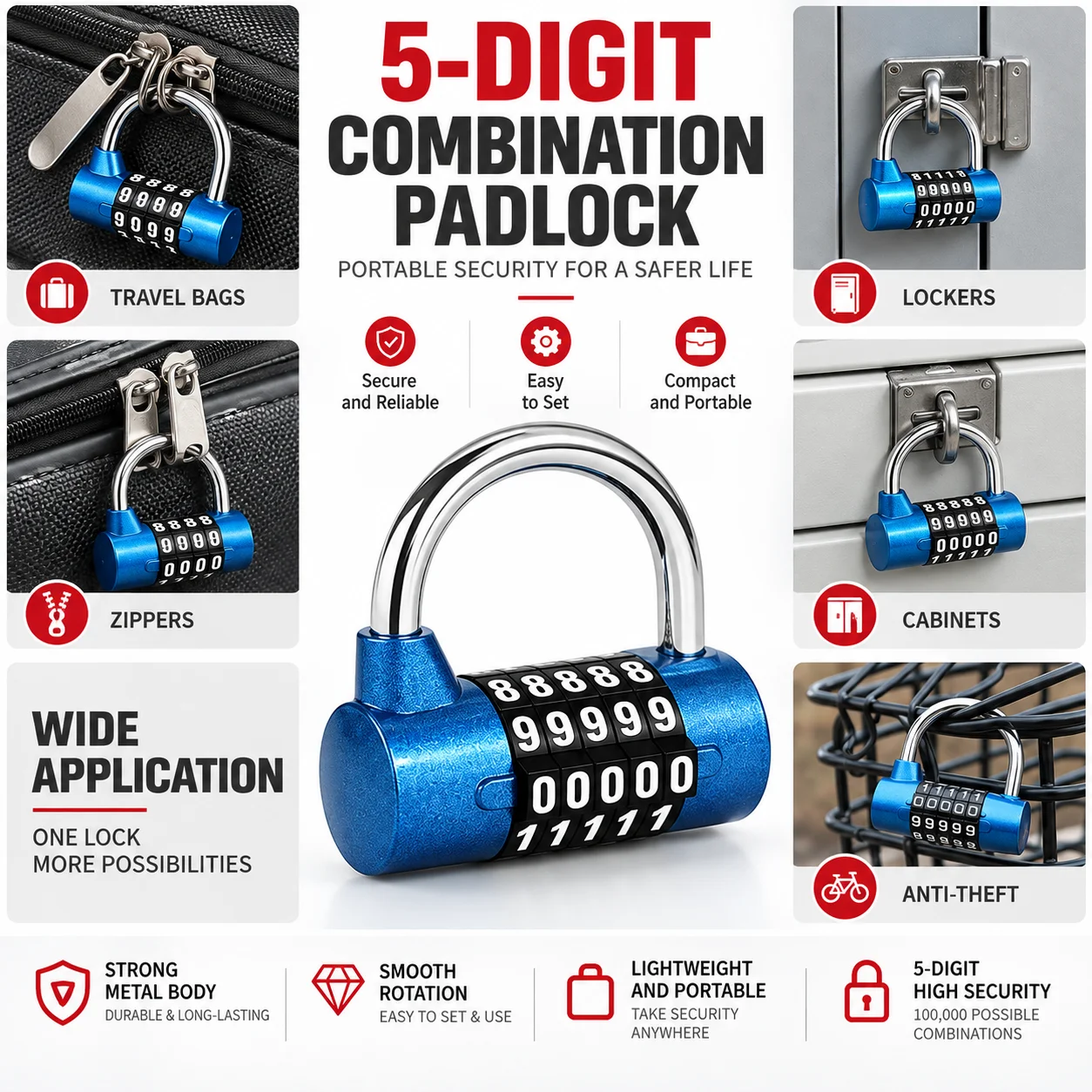 5 Digital Number Combination Lock Heavy Duty Zinc Alloy Security Code Lock For Cabinet Luggage Bike Gym Locker