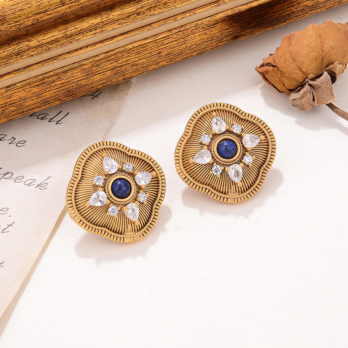 Vintage Gold Tone Stud Earrings with Tiger Eye & Zircon - Bohemian Ornate Square Ear Studs for Women
