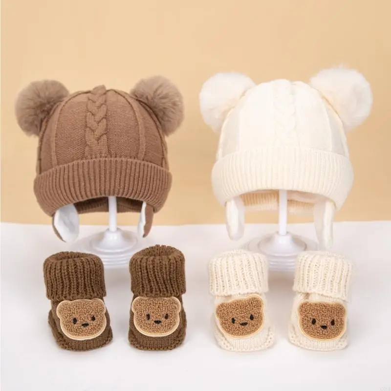 Autumn Winter Fleece Lining Baby Hat with Pompom Balls And Matching Socks Set for 0-3 Years Toddlers Knitted Beanies Cap