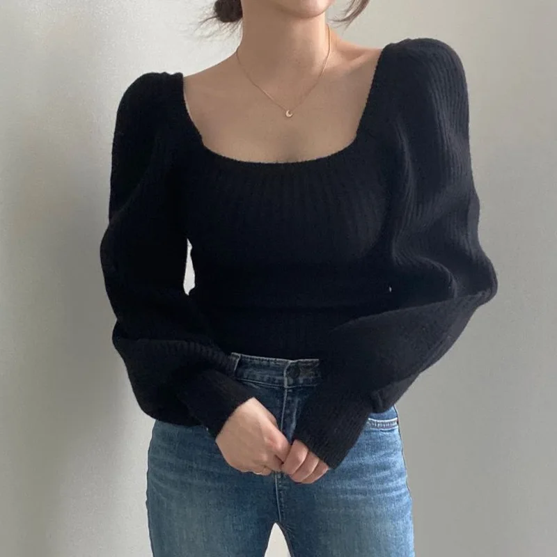 Vintage Square Neck Sweater Puff Sleeve Fitted Knit Jumper Women Pullover Autumn Winter Korean Fashion Outfit