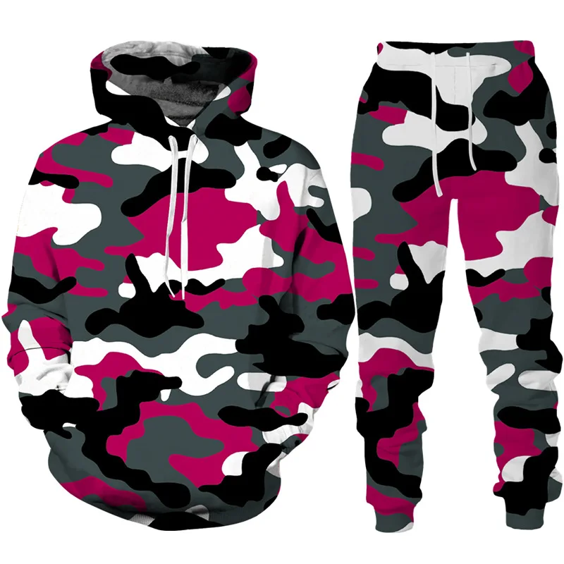 Men\'s Camouflage Hoodie Pant Suit 3D Print Hooded Sweatshirt Casual Outdoor Tracksuit Outfits Oversized Men\'s Clothing 2pcs Sets