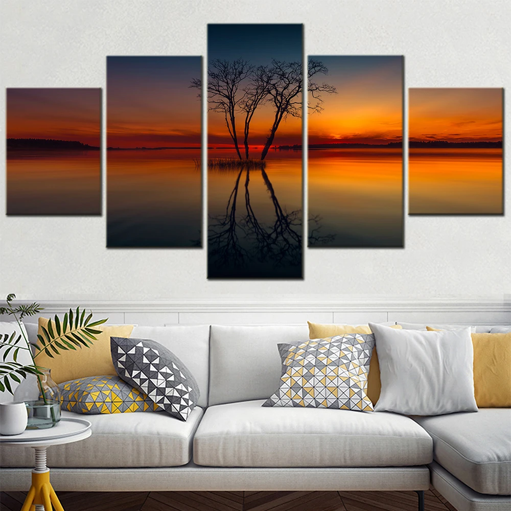 

5Pcs Wall Art Canvas Framed Landscape Lake Tree Burning Clouds Painting Modren Poster Canvas Painting Free Shipping Home Decor