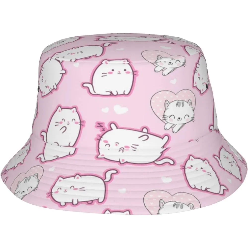 Cartoon Cat Fisherman Cap Summer Unisex Pink Kawaii Animals Bucket Hat Outdoor Gardening Beach Camping Hiking Fishing Caps