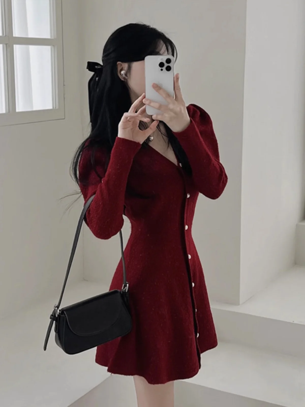 Vestido linha a de cintura alta, manga crida, decote em v, estilo coreano, camada base de emaecimento, vestido midi de c...