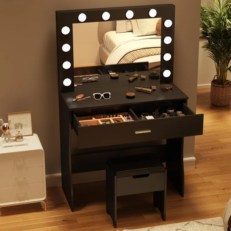 Vanity Desk with Mirror and Lights, Adjustable Brightness, Black Vanity Table Set with Storage Drawer,Makeup Vanity Set With