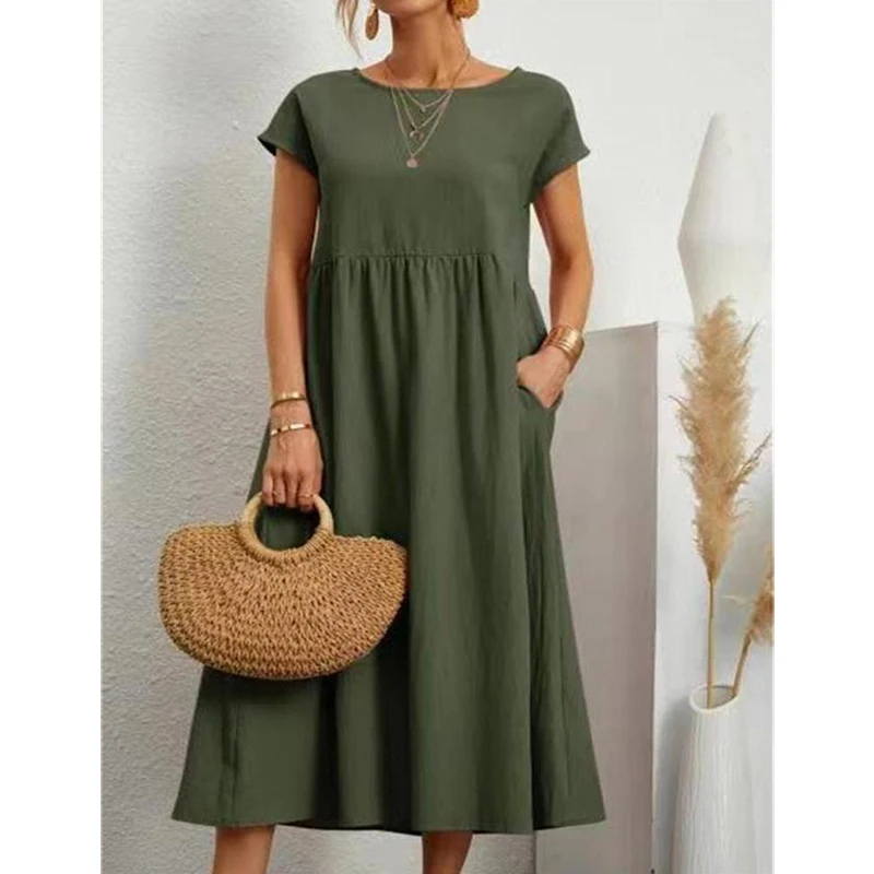 Odzież damska Casual Loose Vintage Cotton Linen Beach Midi sukienka letnia prosta O Neck jednolite, z kieszeniami Shrot rękaw sukienki szata