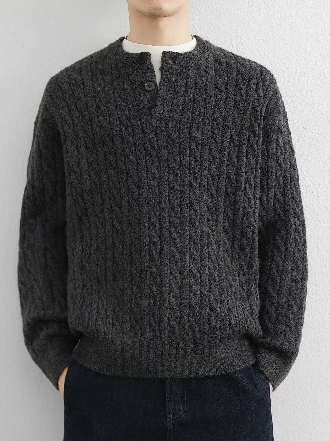 

Мужской повседневный свободный вязаный свитер с воротником хенли, осенне-зимний, теплый базовый слой, комфортный, мягкий, из смеси полиэстера и нейлона