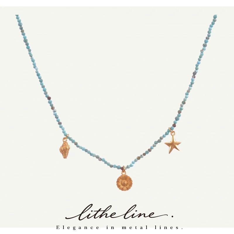 

Litheline 24K Gold Plated Brass Turquoise Beaded Necklace, Ocean Charm Trio Skin-Safe Adjustable Coastal Bohemian Jewelry