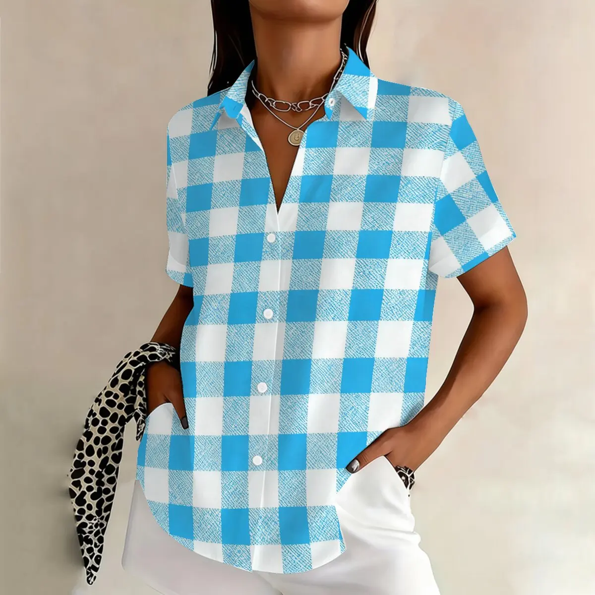 

Personalized and minimalist checkered printed women's summer collar short sleeved shirt, fashionable and versatile daily top