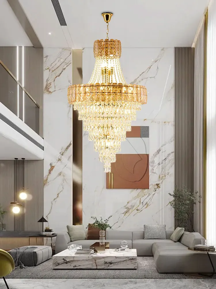 Gold Chrome K9 Crystal Gold 2024 LED Chandelier Staircase For High Ceiling Living Room Suspension Luminaire Lampen For Foyer