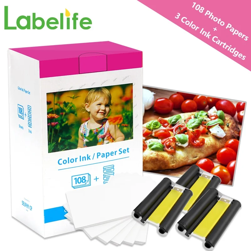 6inch Ink Cartridge & Photo Paper Compatible CP1300 Glossy Paper KP-108IN for Canon Selphy CP1200 CP1500 CP910 900 Photo Printer