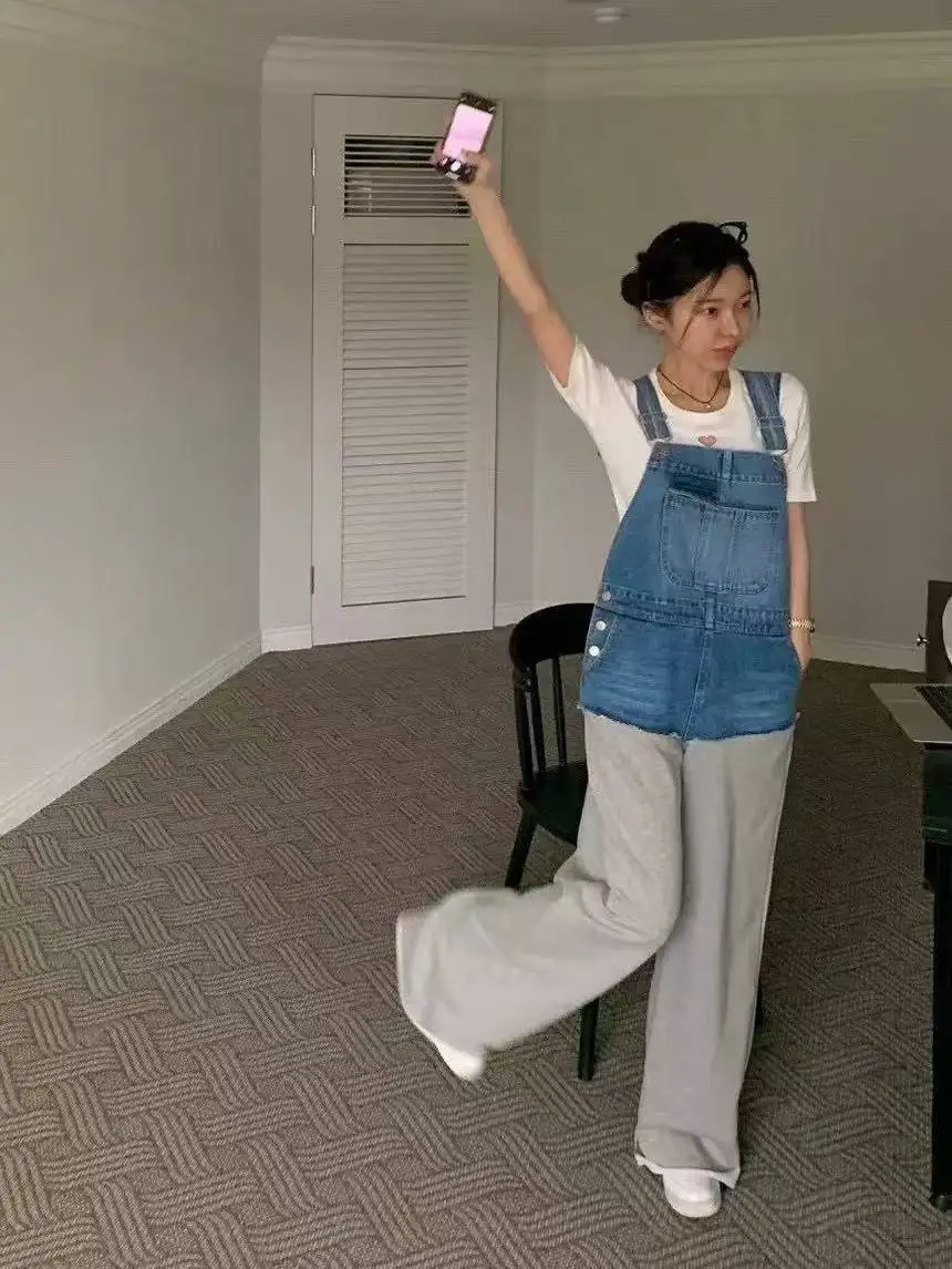 Salopette en Denim couleur Blo pour femmes, pantalon ample à jambes droites, pantalon Long bleu sur le côté, en coton, décontracté