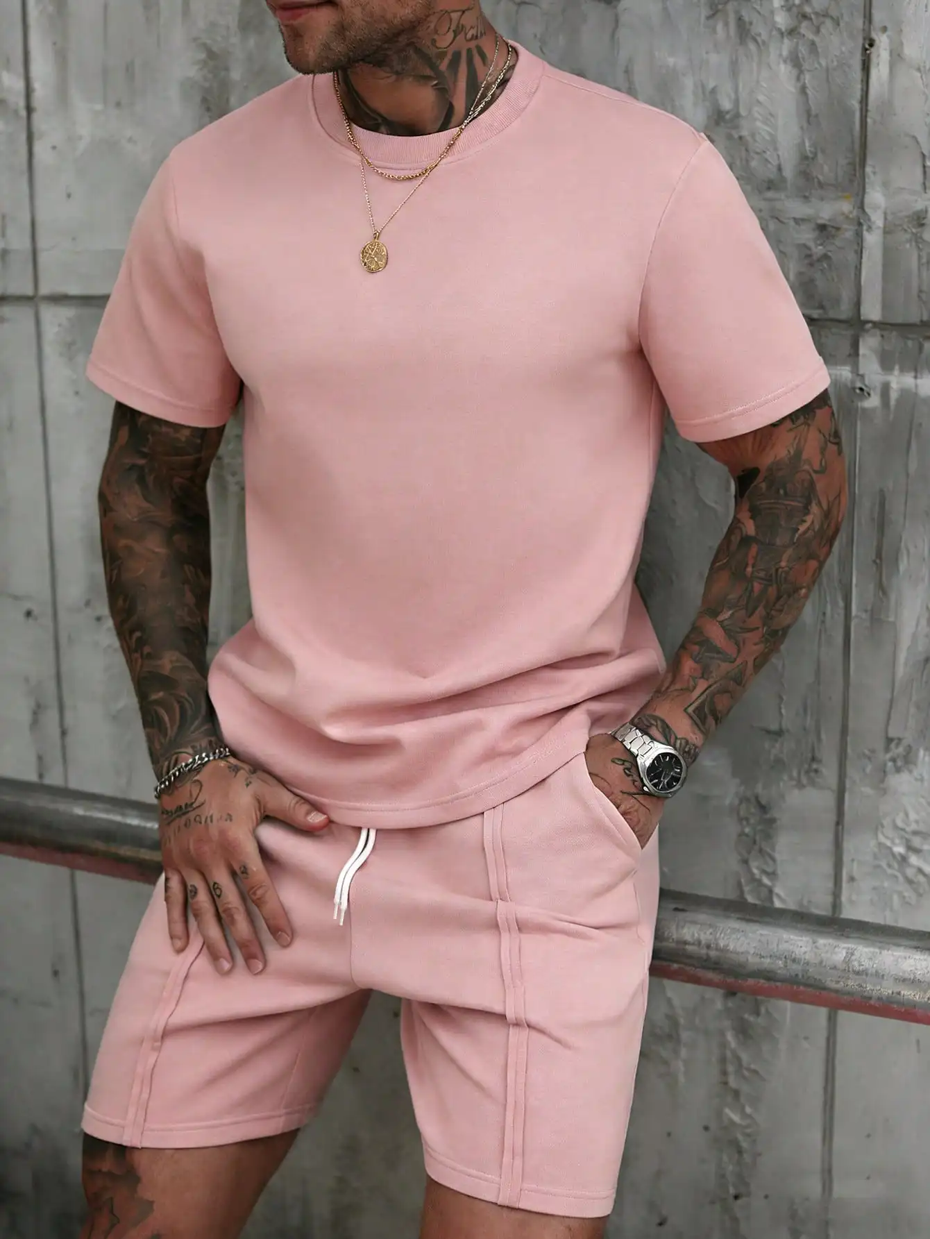 

Mens 2-Piece Set Short Sleeve T-Shirt And Drawstring Shorts Casual Summer Outfit