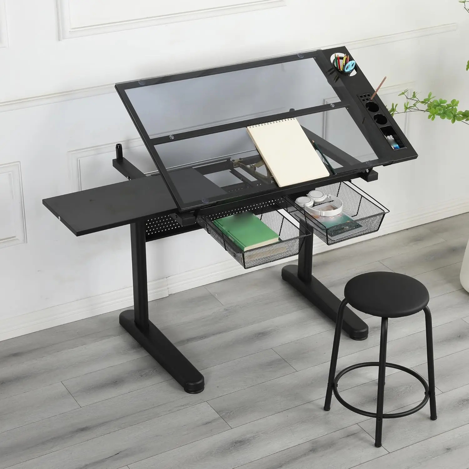 

Drafting Table with Storage and Side Tray, Adjustable Drawing Desk Tempered Glass Drafting Desk with 2 Slide Drawers and Stool, for Home Office