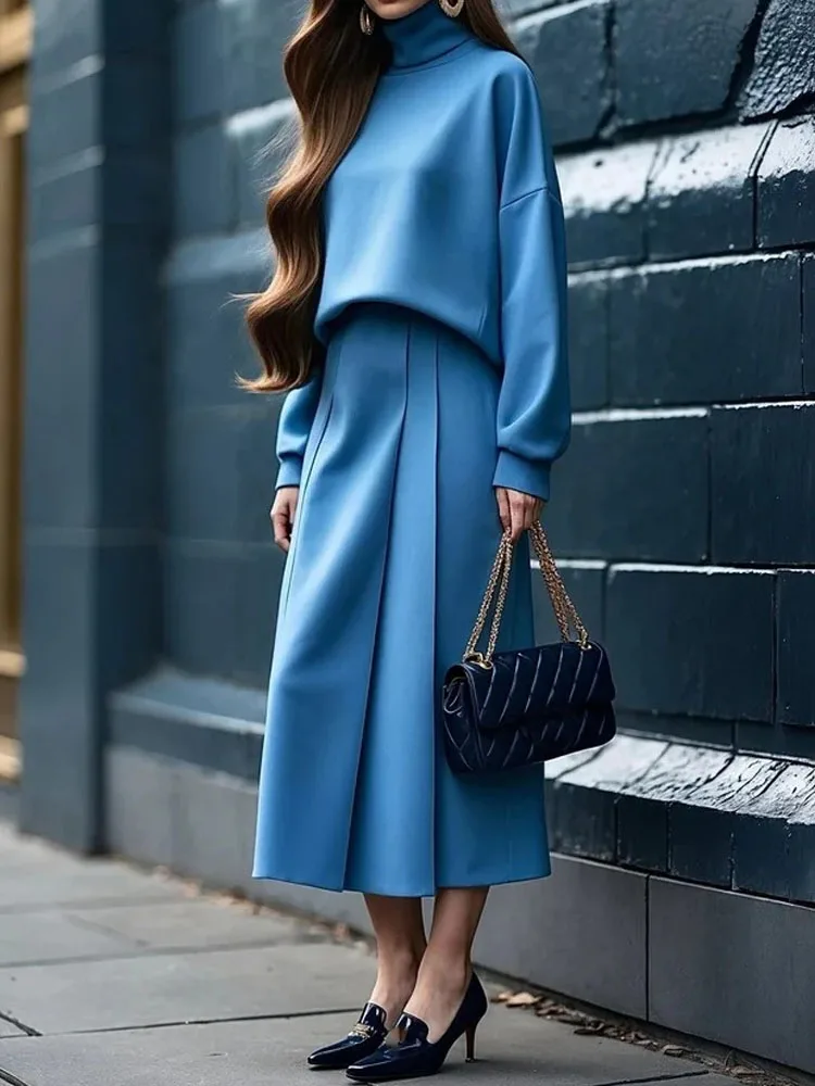 

Женские повседневные полуюбки с длинными рукавами, темпераментный комплект с высоким воротником, однотонные комплекты из двух предметов, осенние новые женские свободные наряды для поездок на работу