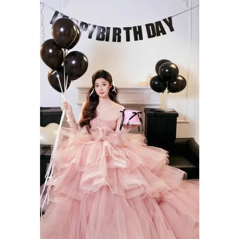 

Princess Pink Wedding Dresses Photo Shooting Dresses Sweetheart Strapless Tiered Tulle A-line Ball Gown for Birthday Customized