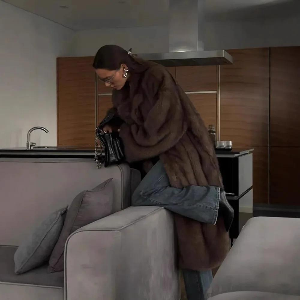 

Thiened Extended Ankle Fur Coat Brown Artificial Fur Outerwear for Women Ele Sle Loose Fit Winter Coat