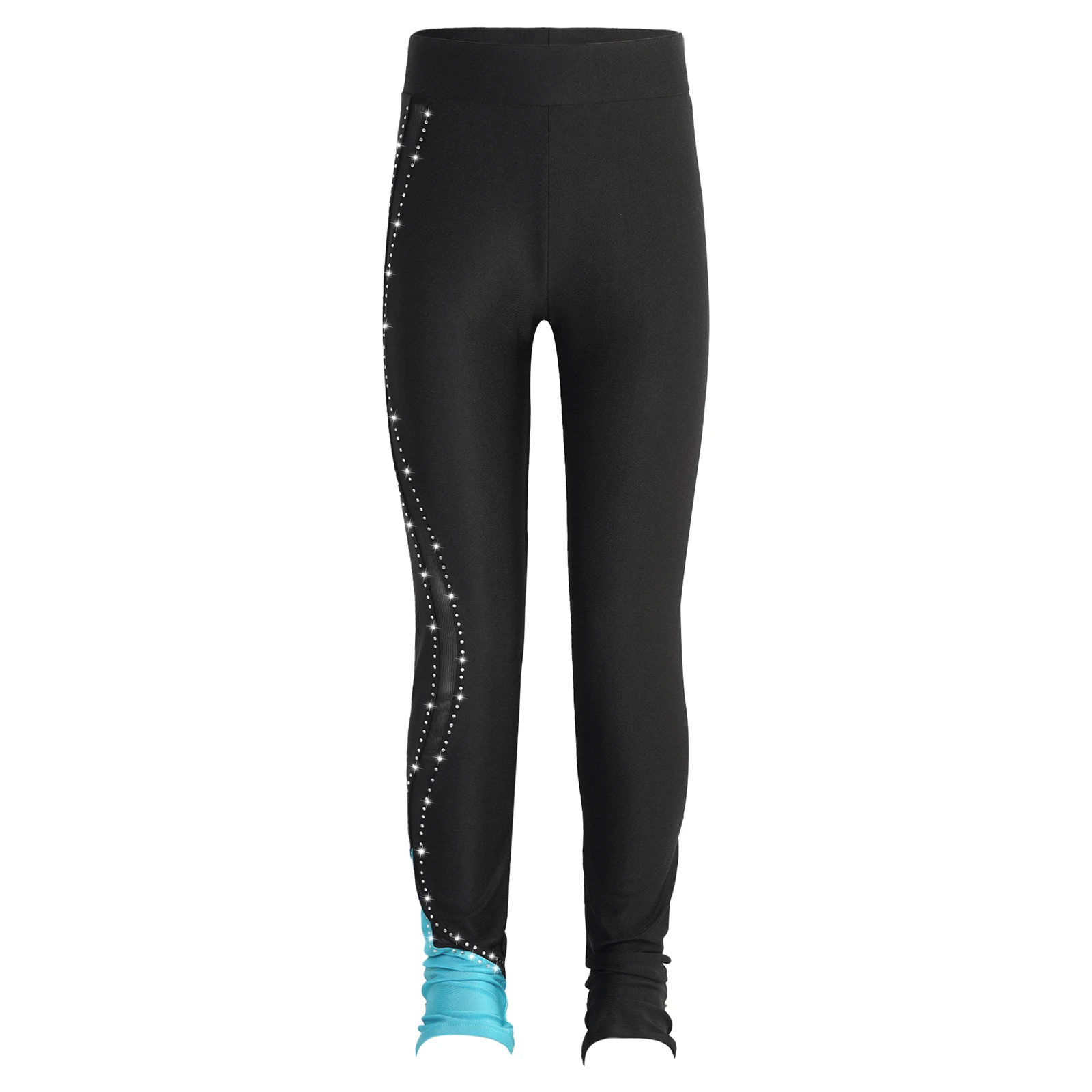 Child Figure Skating Gymnastics Dance Workout Pants Girls Ice Skating Leggings Kids Shiny Rhinestones Sheer Mesh Splice Trousers