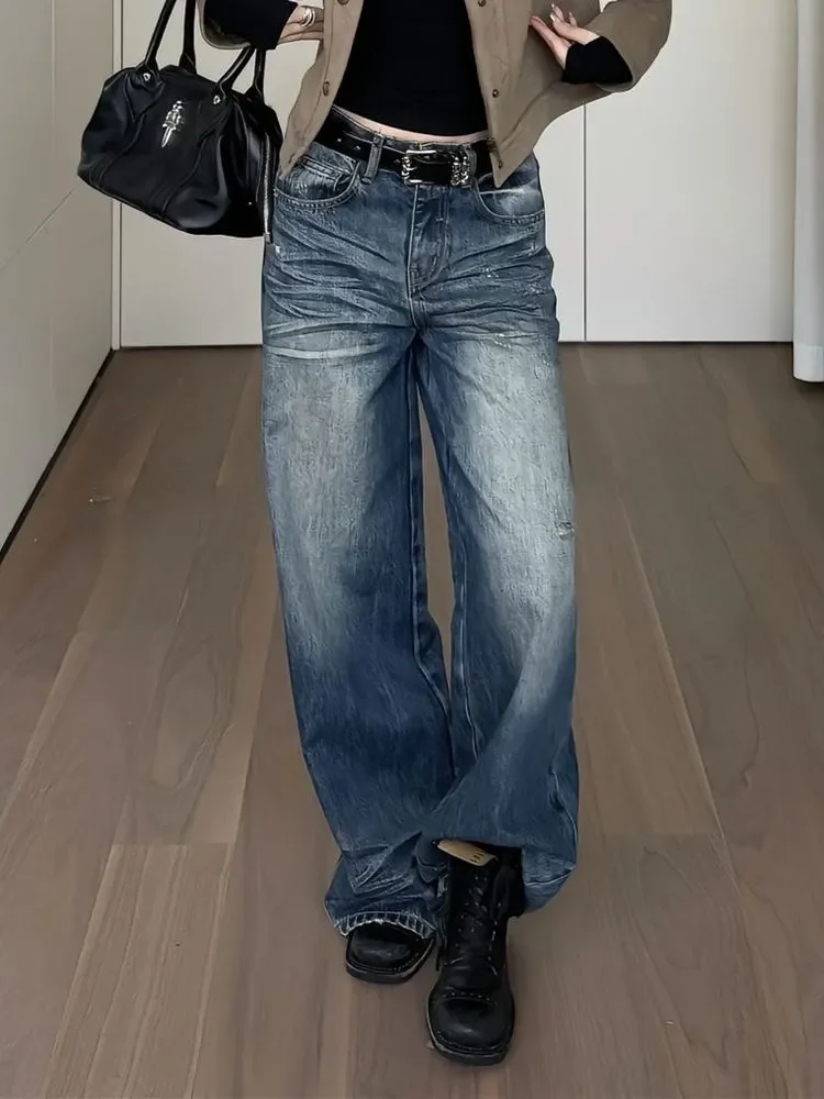 

Spring Women American Vintage Patchwork Denim Pants Fashion Streetwear High Waist Wide Leg Extended Length Floor-Length Jeans