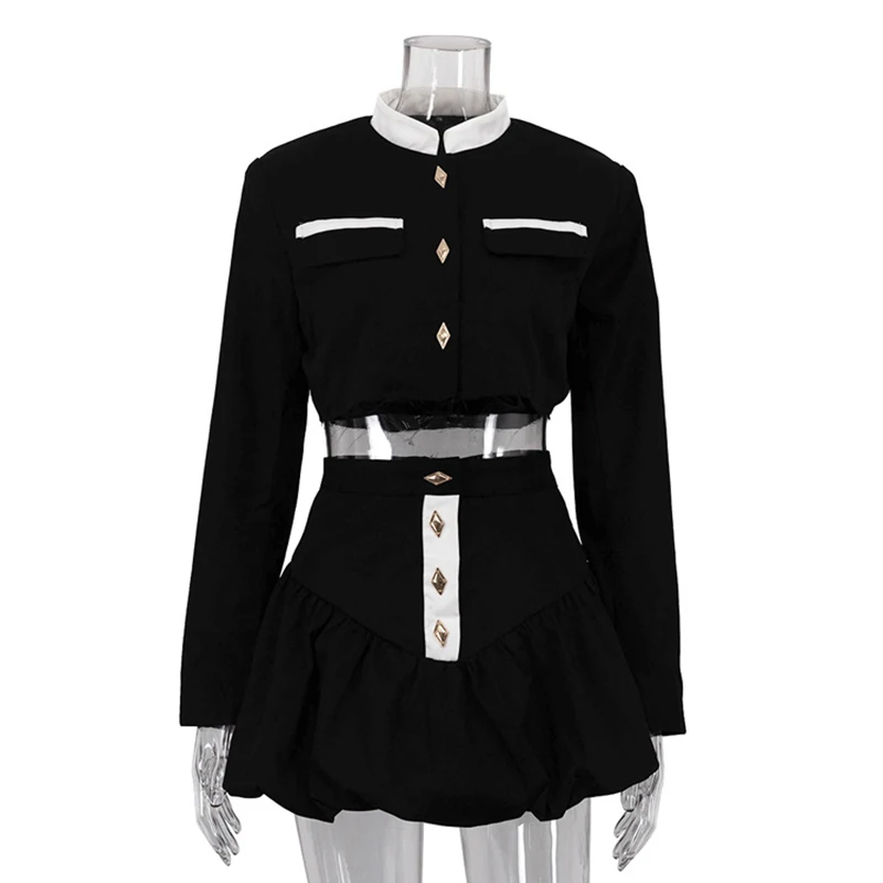 Spring Autumn Popular Streetwear Sexy Slim Outfits Elegant Women 2 Piece Set Button Up Crop Jackets Mini Skirts Two Piece Set
