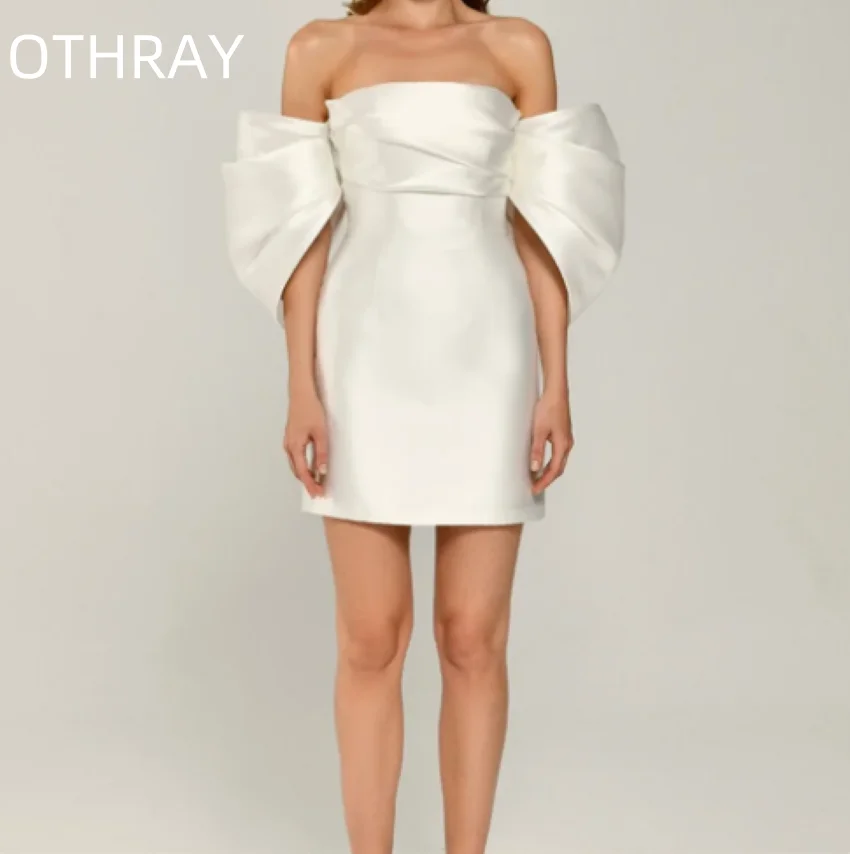 Pleat Satin Strapless Bridal Gown Elegant NEW Simple Detachable Puffy Sleeves Mini Sheath Wedding Dress Off The Shoulder