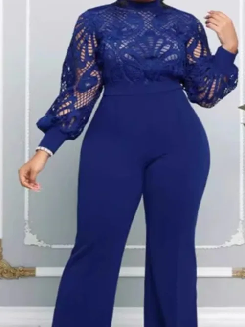 

Комбинезон большого размера с кружевной отделкой, повседневные длинные брюки со средней талией для женщин, осенний сезон, обычные тонкие