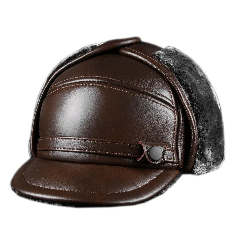 leather cap men's leather hat outdoor Leather Hat fur hat 2024 winter fashion husband father hat for gift