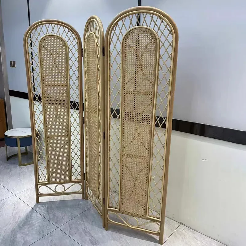 Simple Folding Rattan Screen Partition Removable Retro Room Divider for Living Room Bedroom Hotel Decoration Entryway Curtain
