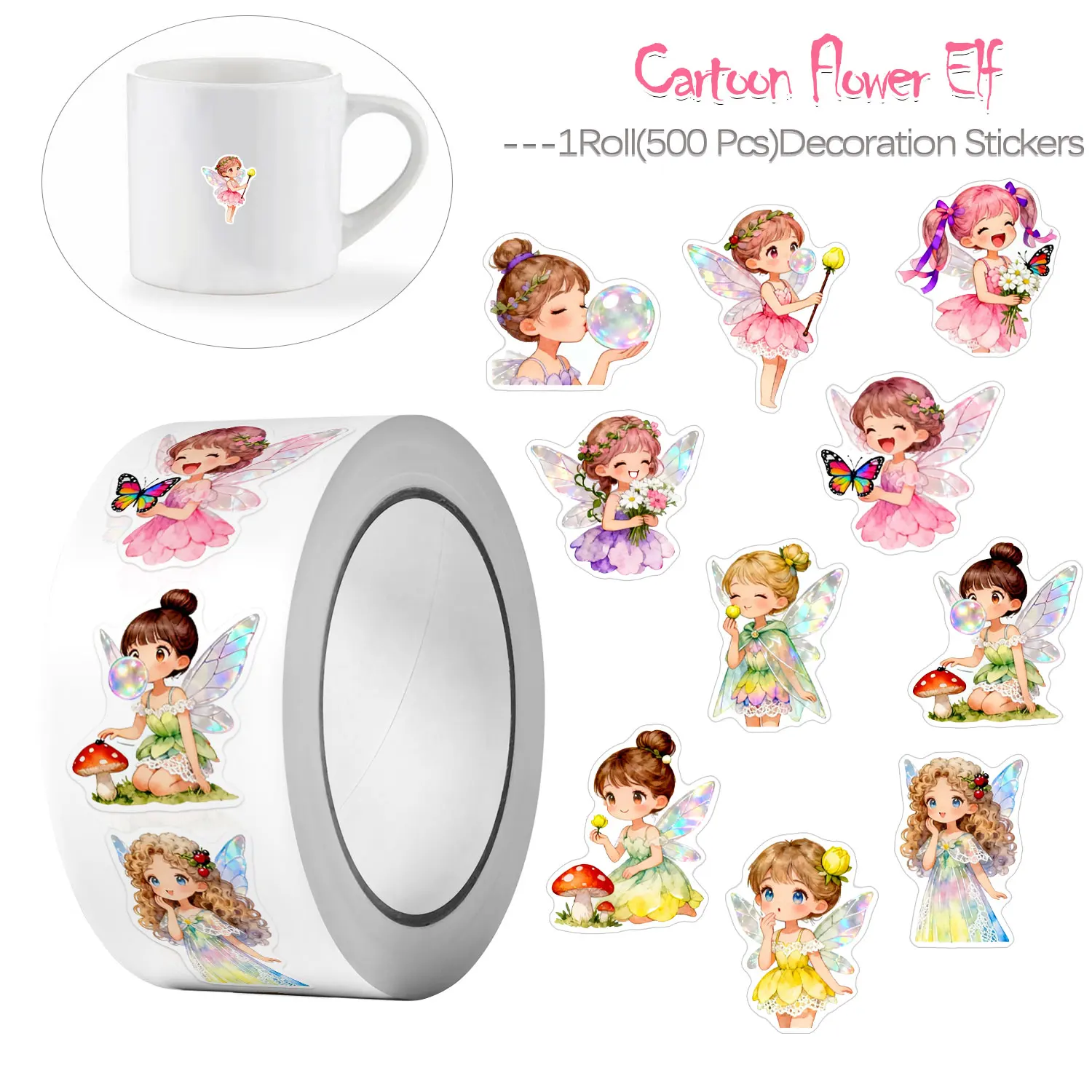 1 Rolle (500 Stück) Cartoon Hübsche Blumen-Elfen-Aufkleber 2,5 cm/1 Zoll Festival-Partygeschenke Handwerk Dekoration Versiegelung Geschenk Scrapbooking-Etikett